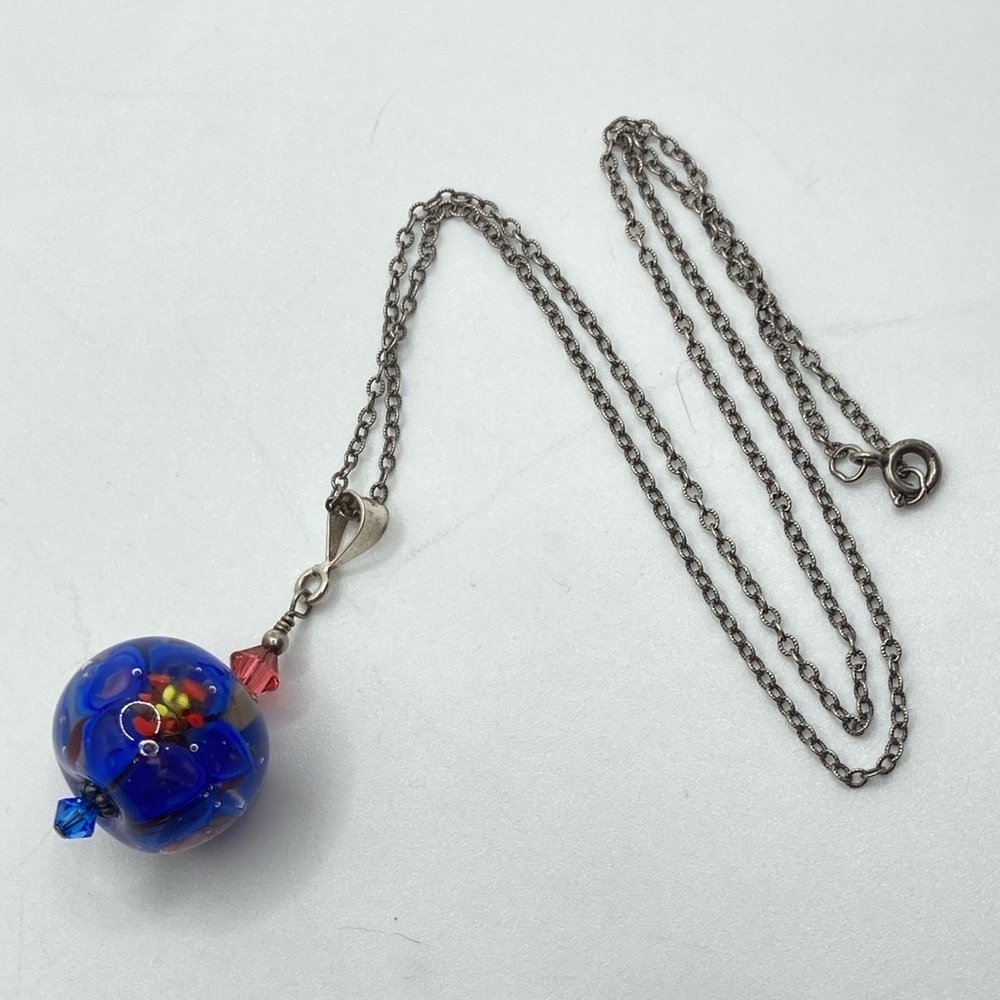 VTG Sterling Murano Glass Bead Pendant 925 Chain Floral Flower Design 18” & 1.5”